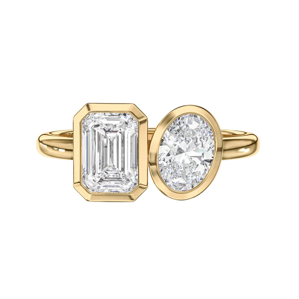emerald lab grown diamond engagement ring in silver, three-quarter view