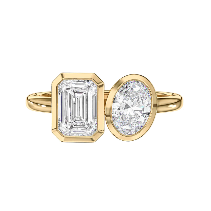 emerald lab grown diamond engagement ring in silver, three-quarter view