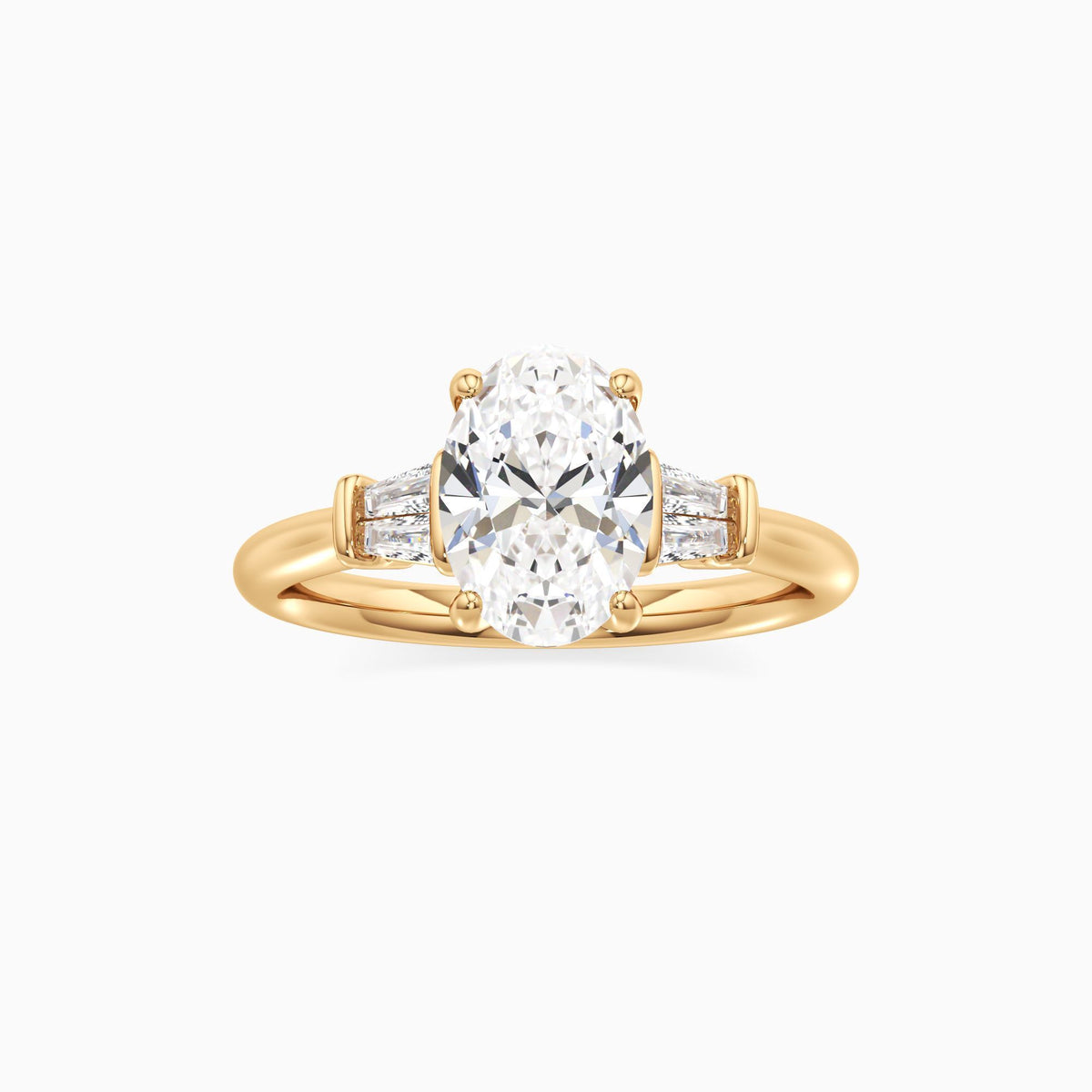 Oval Cut Lab Grown Diamond Three-Stone Engagement Ring with Tapered Baguettes
