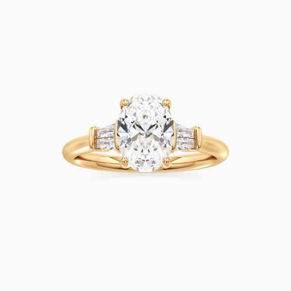 Oval Cut Lab Grown Diamond Three-Stone Engagement Ring with Tapered Baguettes