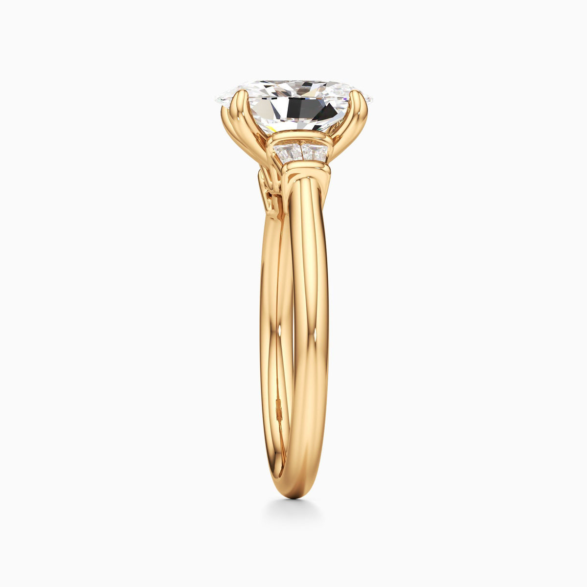 Oval Cut Lab Grown Diamond Three-Stone Engagement Ring with Tapered Baguettes