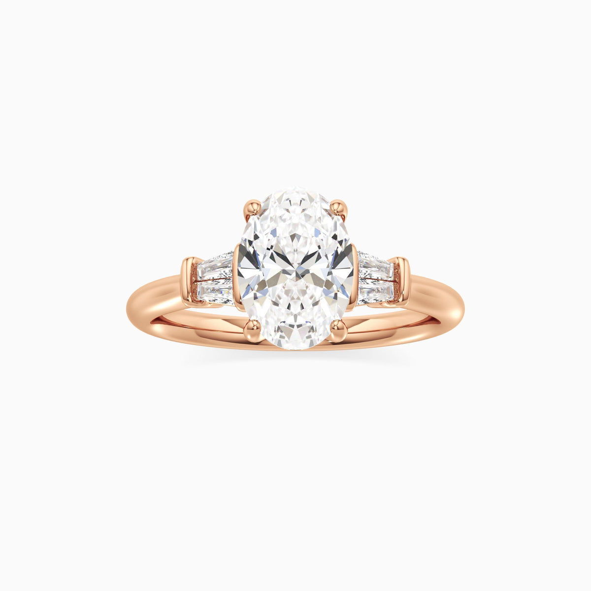 Oval Cut Lab Grown Diamond Three-Stone Engagement Ring with Tapered Baguettes