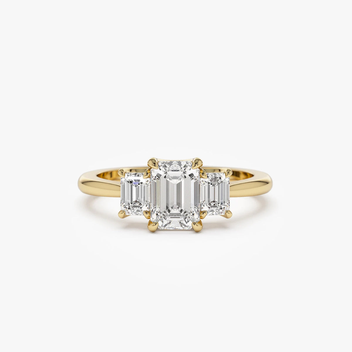 emerald lab grown diamond engagement ring in gold, three-quarter view