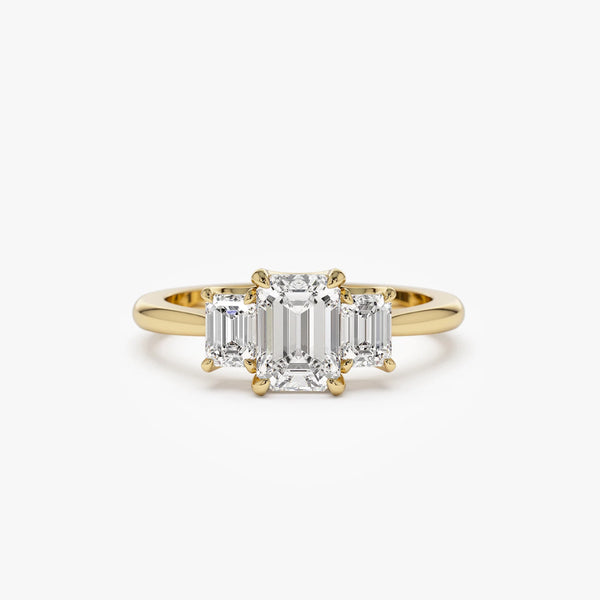 emerald lab grown diamond engagement ring in gold, three-quarter view