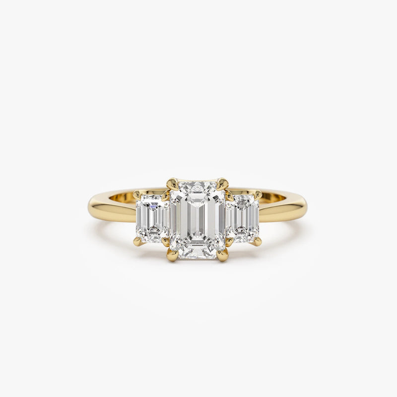 emerald lab grown diamond engagement ring in gold, three-quarter view