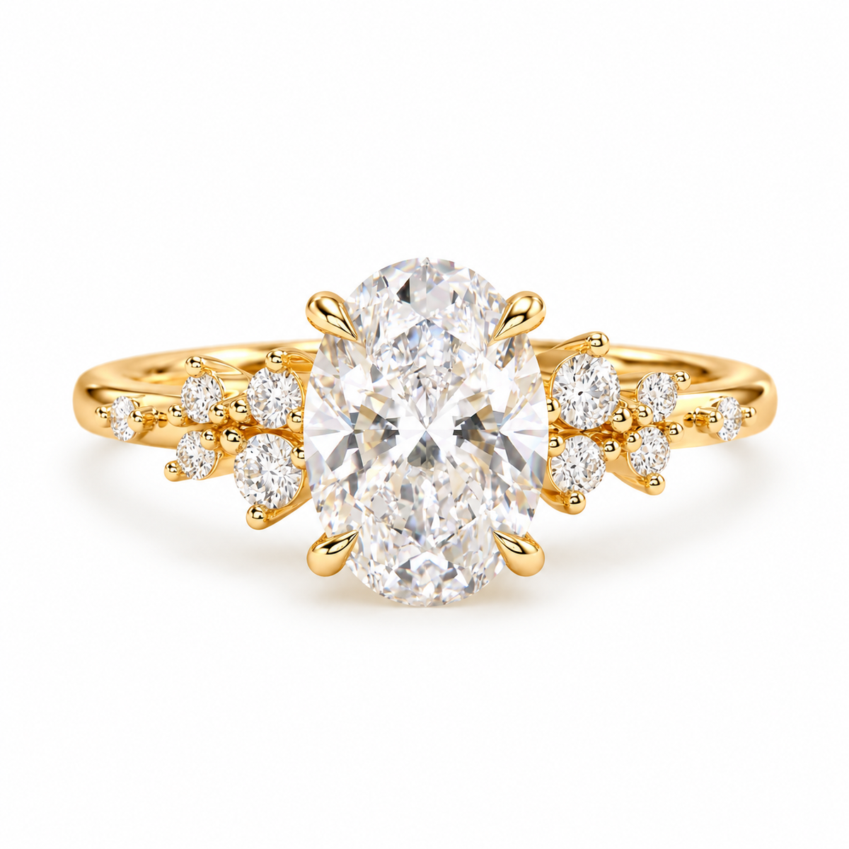 oval lab grown diamond engagement ring in gold, three-quarter view