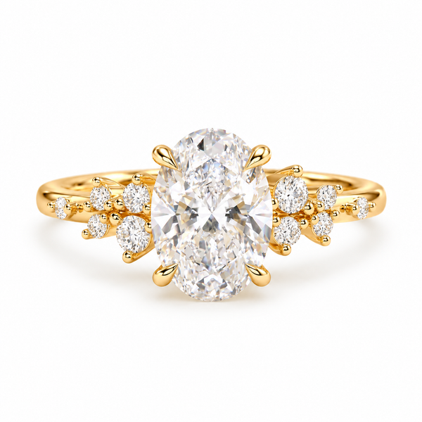 oval lab grown diamond engagement ring in gold, three-quarter view