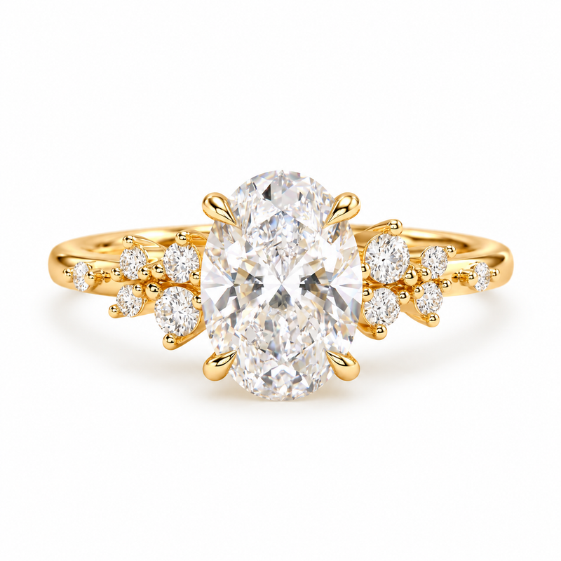oval lab grown diamond engagement ring in gold, three-quarter view