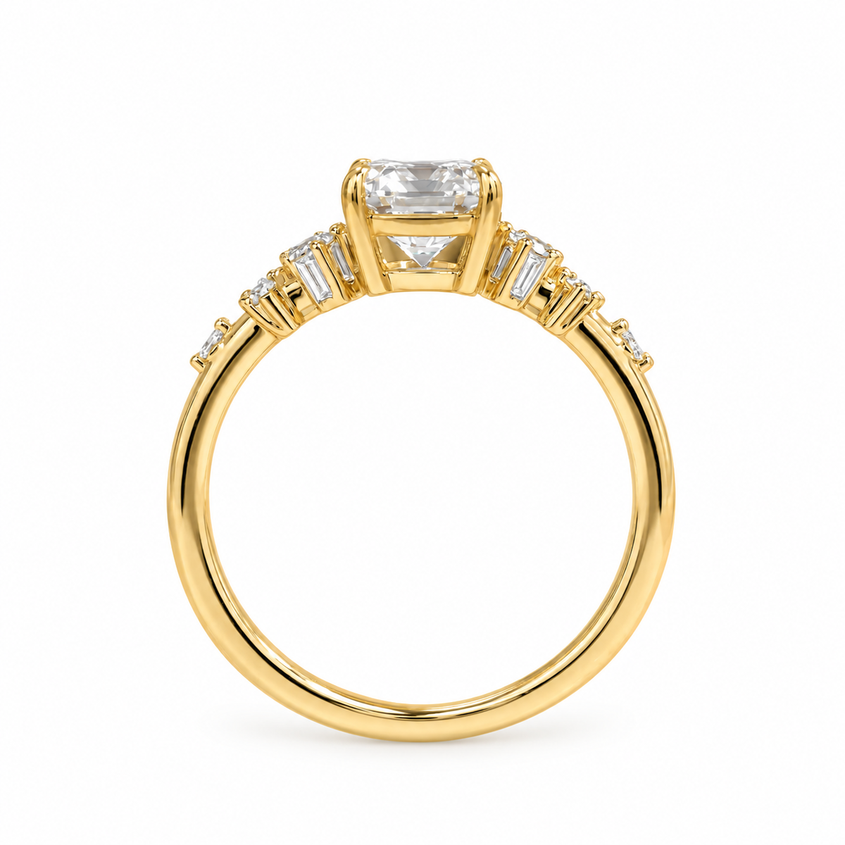 oval lab grown diamond engagement ring in gold, side profile