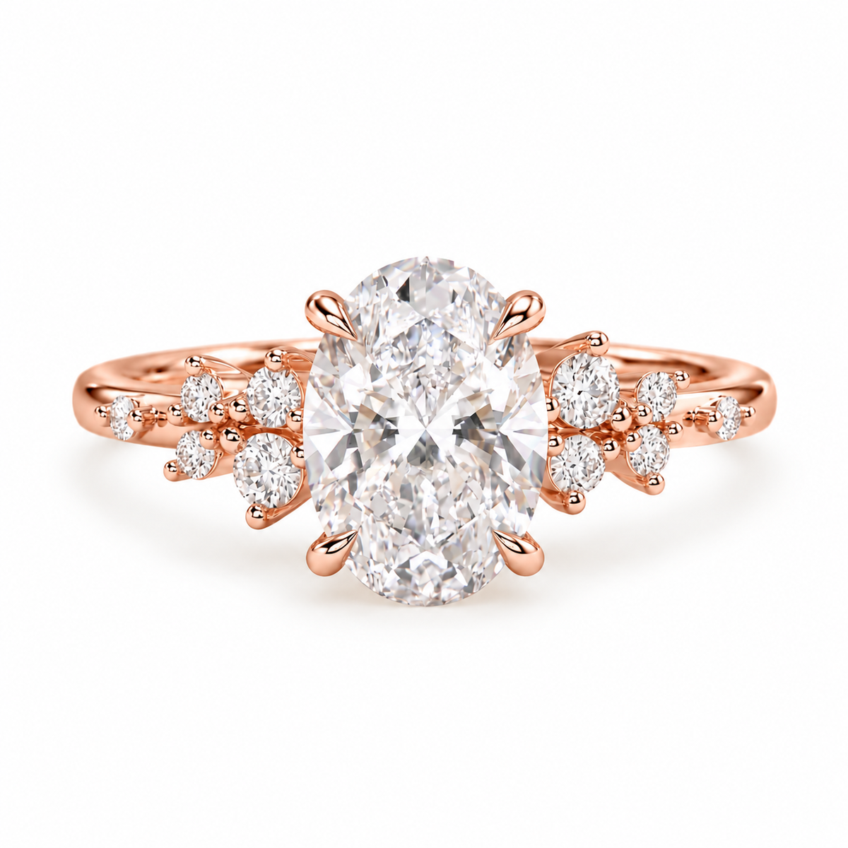 oval lab grown diamond engagement ring in gold, angled view