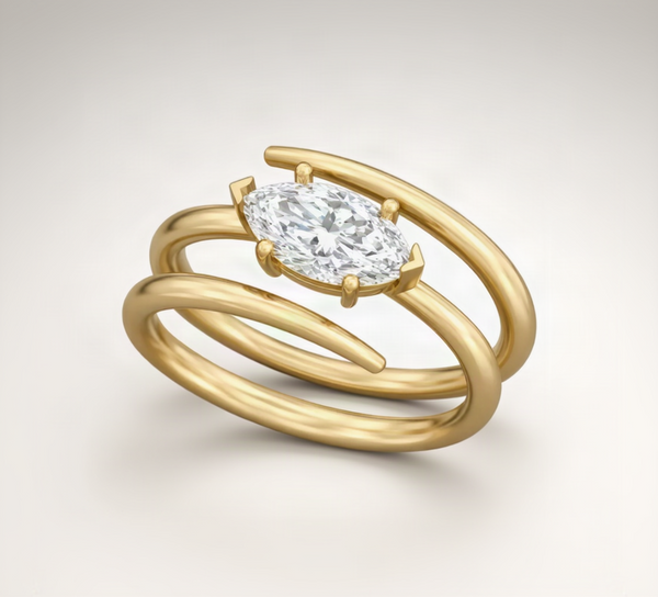emerald lab grown diamond ring in silver, three-quarter view