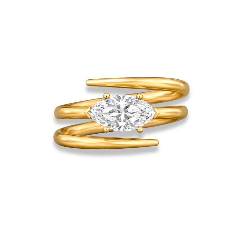 emerald lab grown diamond ring in silver, three-quarter view