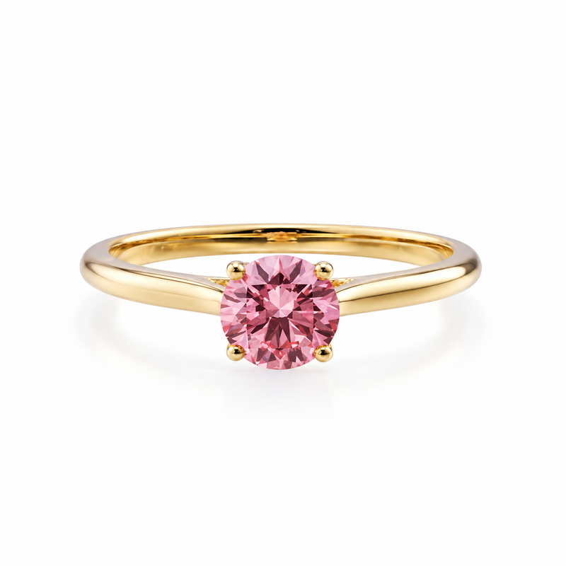 0.70 ct Fancy Vivid Pink Round Brilliant  Lab Grown & Moissanite Diamond  Solitaire Ring