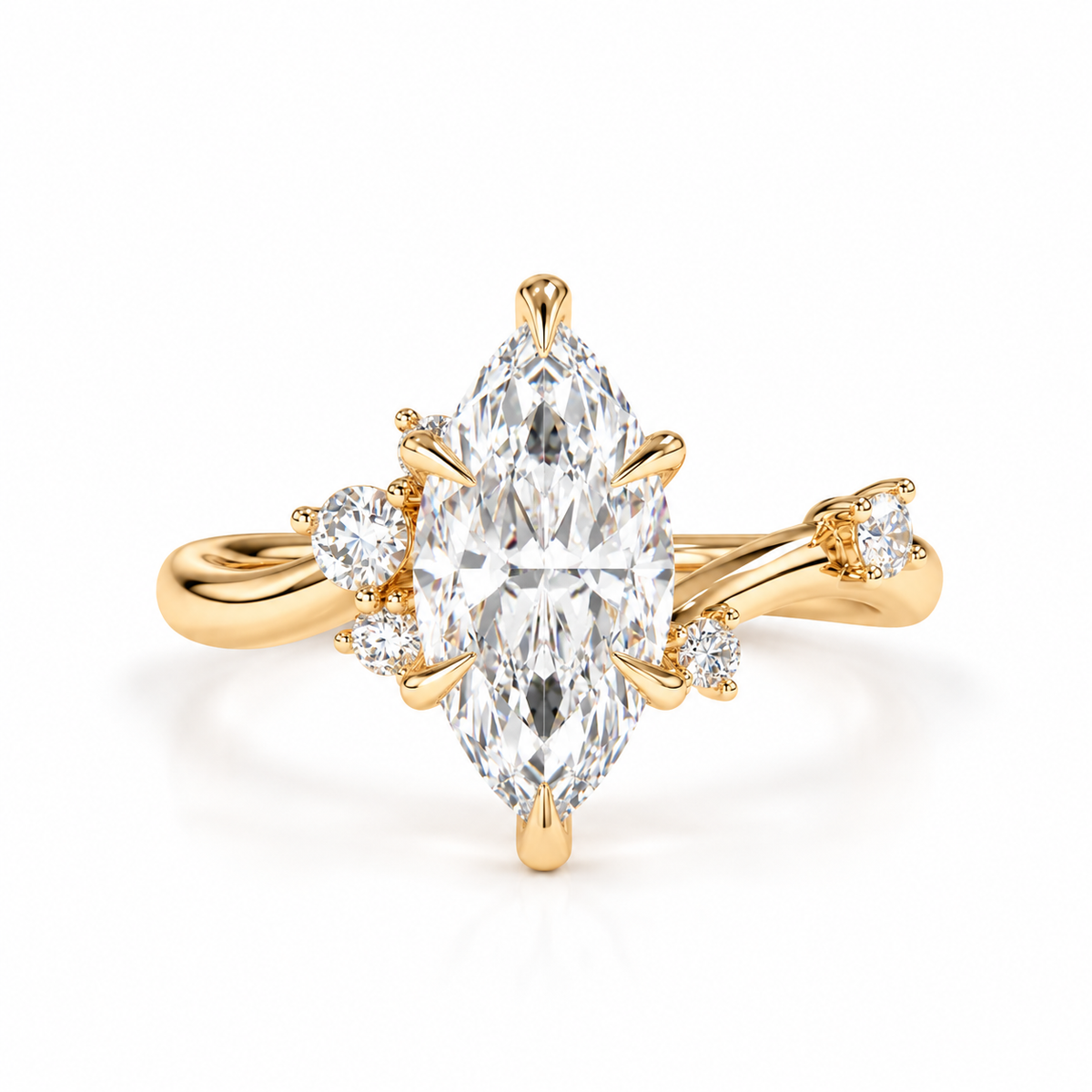 A yellow gold ring featuring a marquise-cut center diamond surrounded by smaller round diamonds on a split shank, shown on a plain white background.