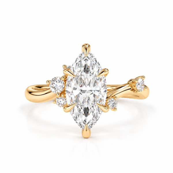 A yellow gold ring featuring a marquise-cut center diamond surrounded by smaller round diamonds on a split shank, shown on a plain white background.