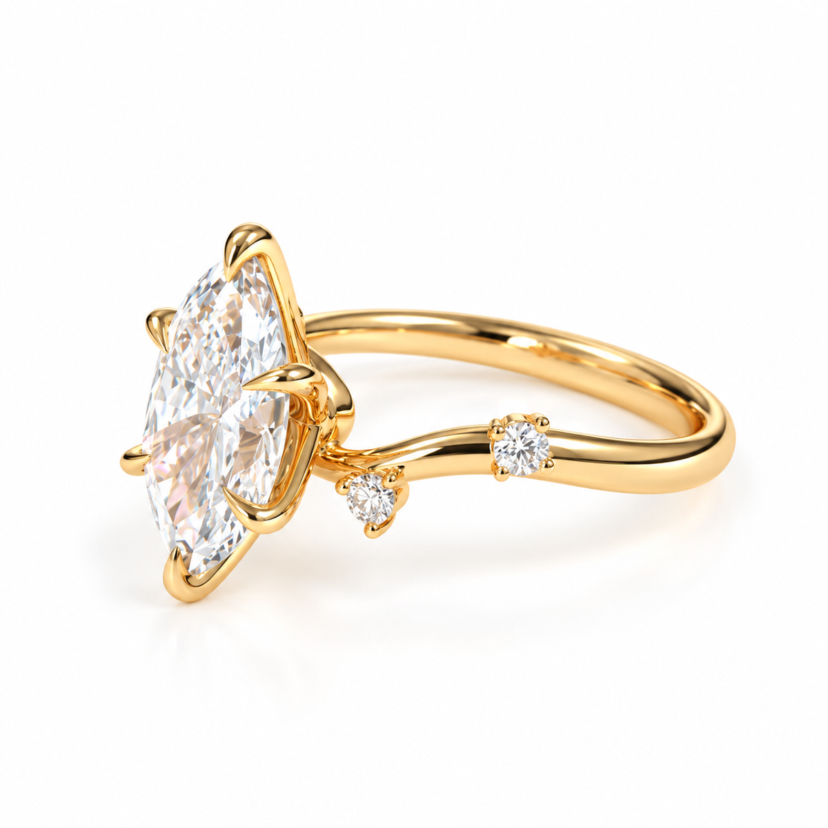 A yellow gold ring featuring a large round-cut diamond center stone in a prong setting, with smaller diamonds along the shoulders of the band, shown against a plain white background.