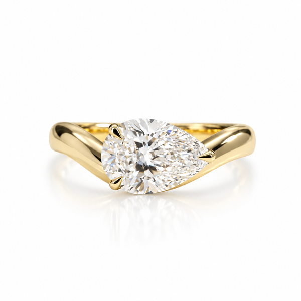 2 Carat Pear East-West Engagement Ring  Curved Wave Band  Sculptural Solitaire Diamond Ring