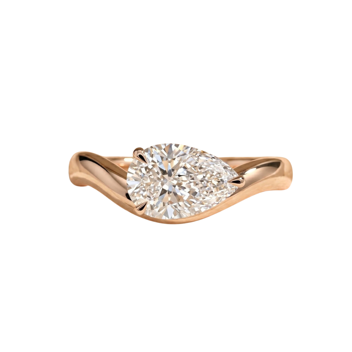 2 Carat Pear East-West Engagement Ring  Curved Wave Band  Sculptural Solitaire Diamond Ring
