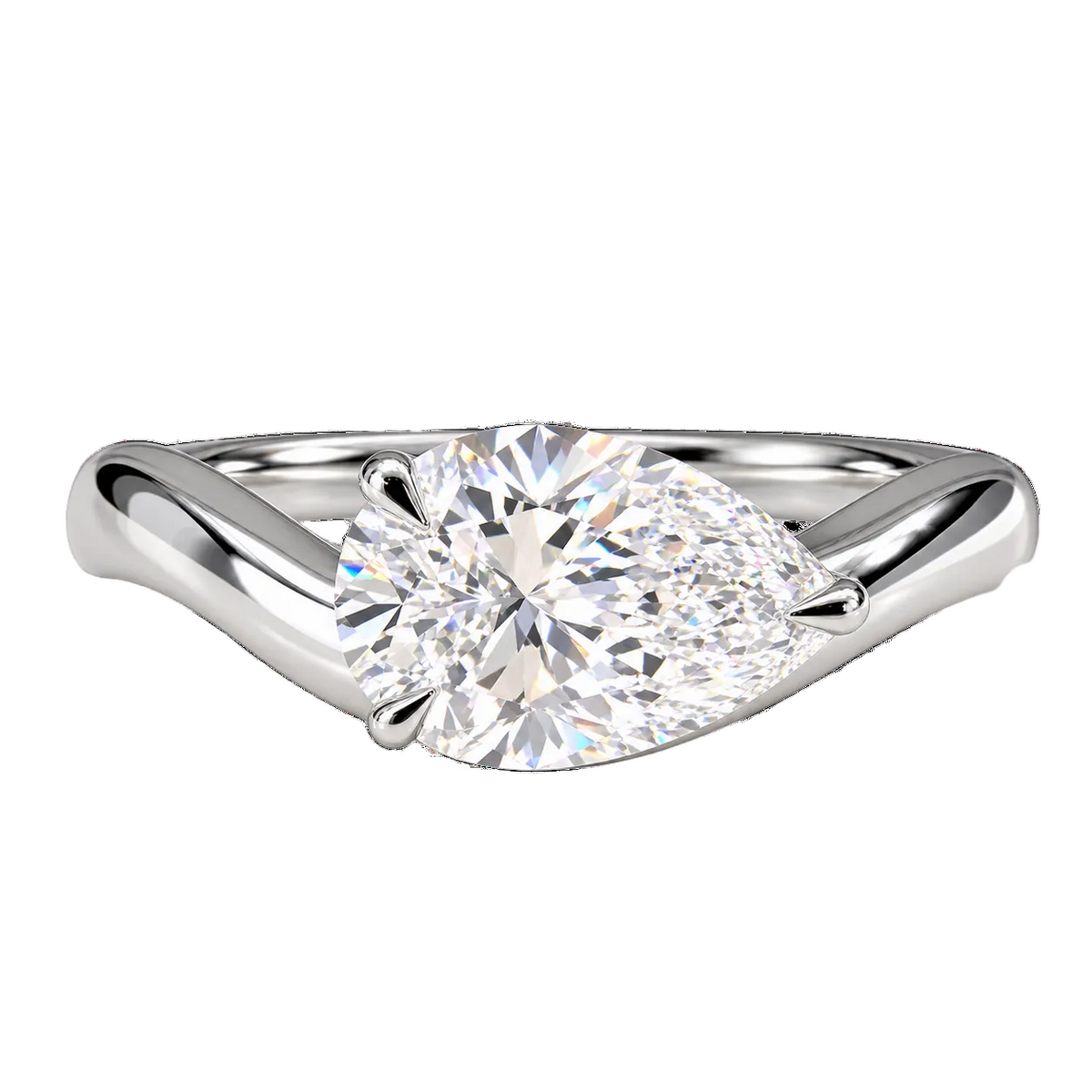 A pear-cut diamond engagement ring with a polished silver-colored band, shown on a solid white background.