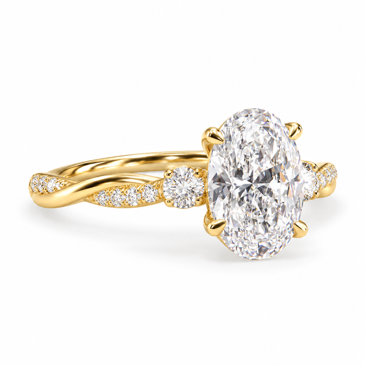 oval lab grown diamond engagement ring in gold, top view