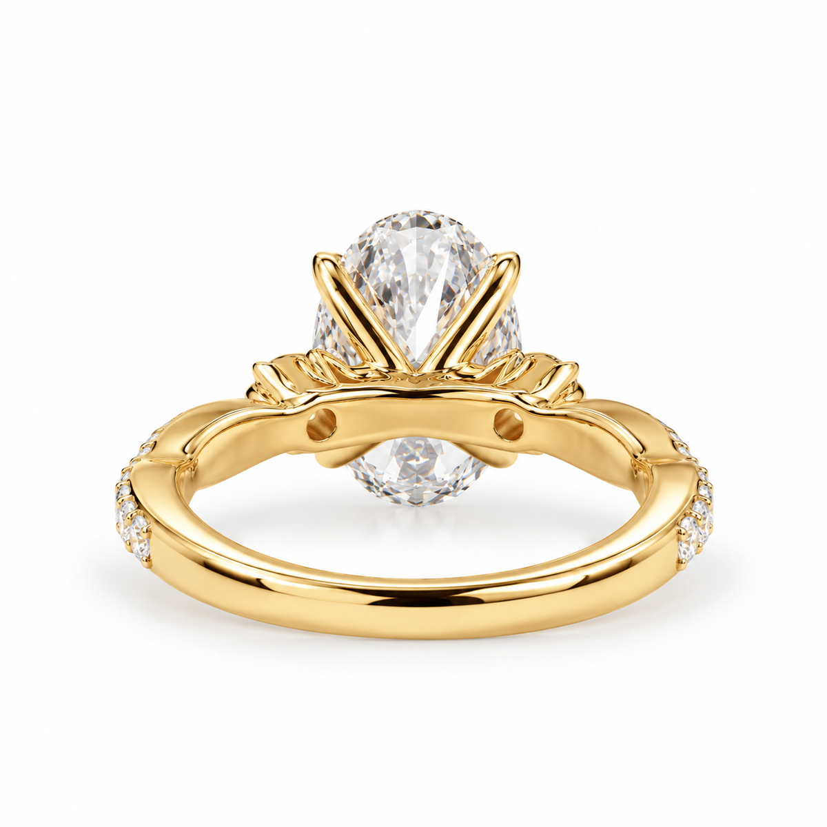 oval lab grown diamond engagement ring in gold, side profile