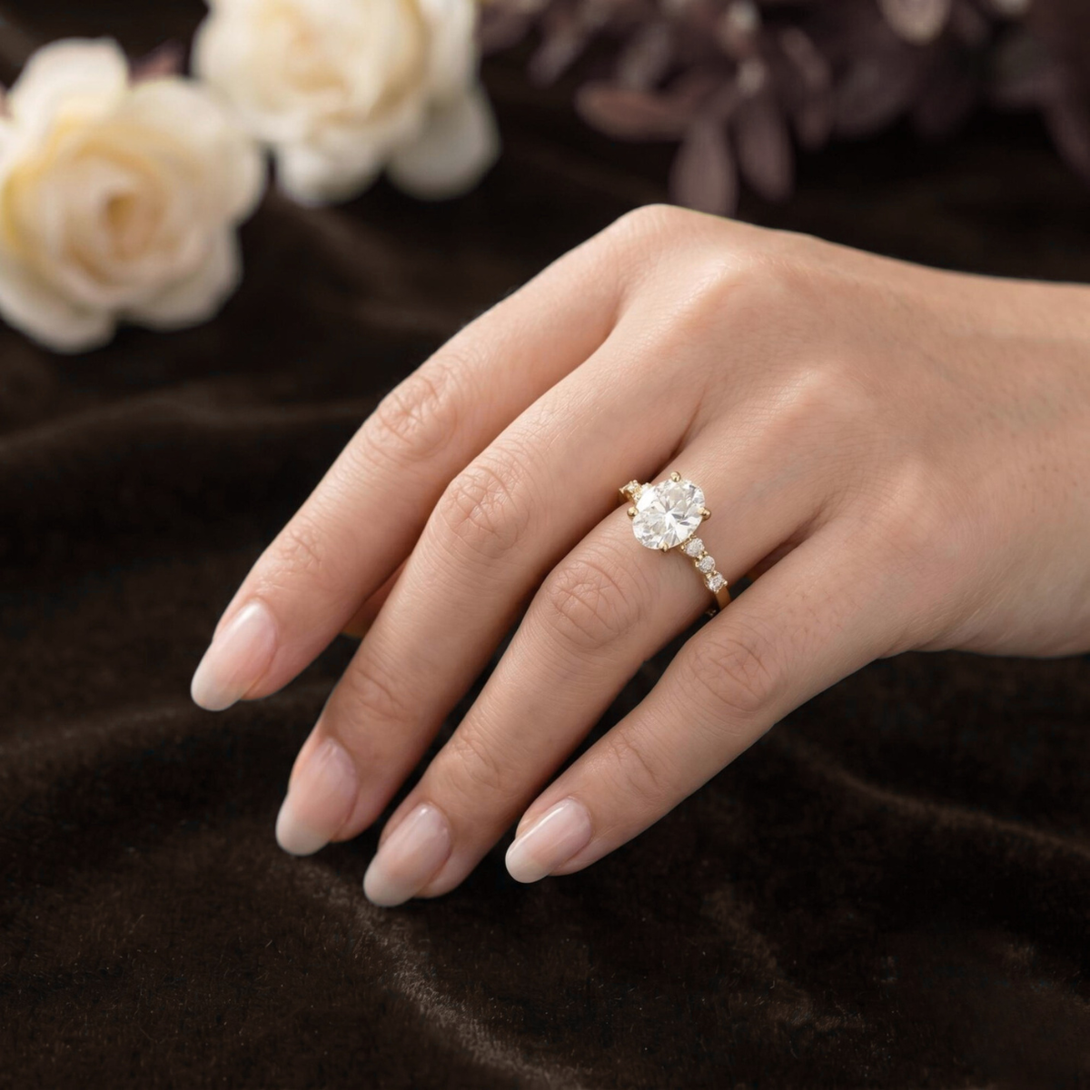 oval lab grown diamond engagement ring in gold, angled view