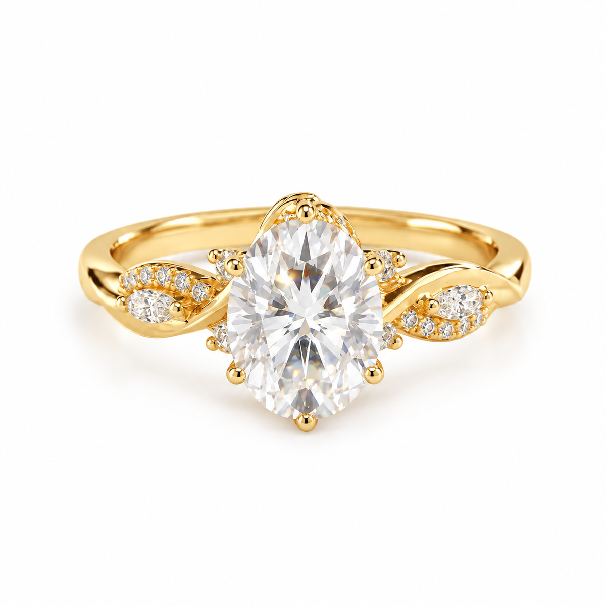 oval lab grown diamond engagement ring in gold, three-quarter view