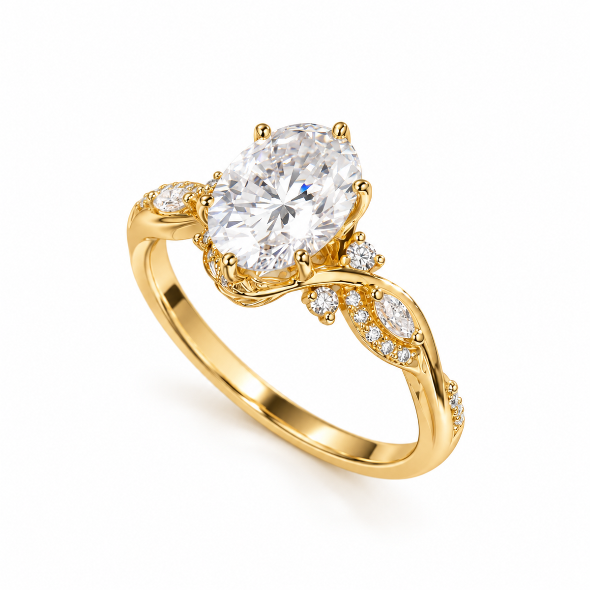 oval lab grown diamond engagement ring in gold, top view