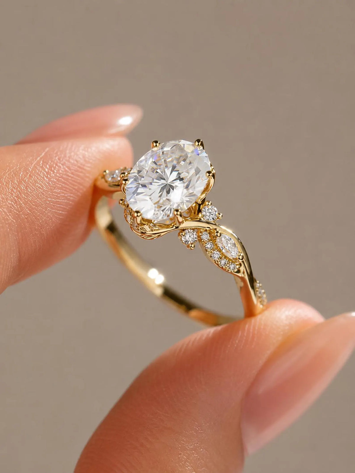 oval lab grown diamond engagement ring in gold, side profile