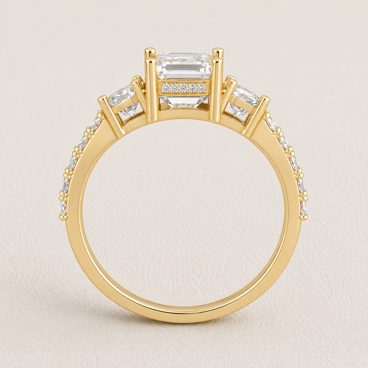 emerald cut lab grown diamond engagement ring in silver, three-quarter view