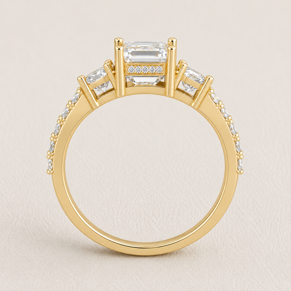 emerald cut lab grown diamond engagement ring in silver, three-quarter view