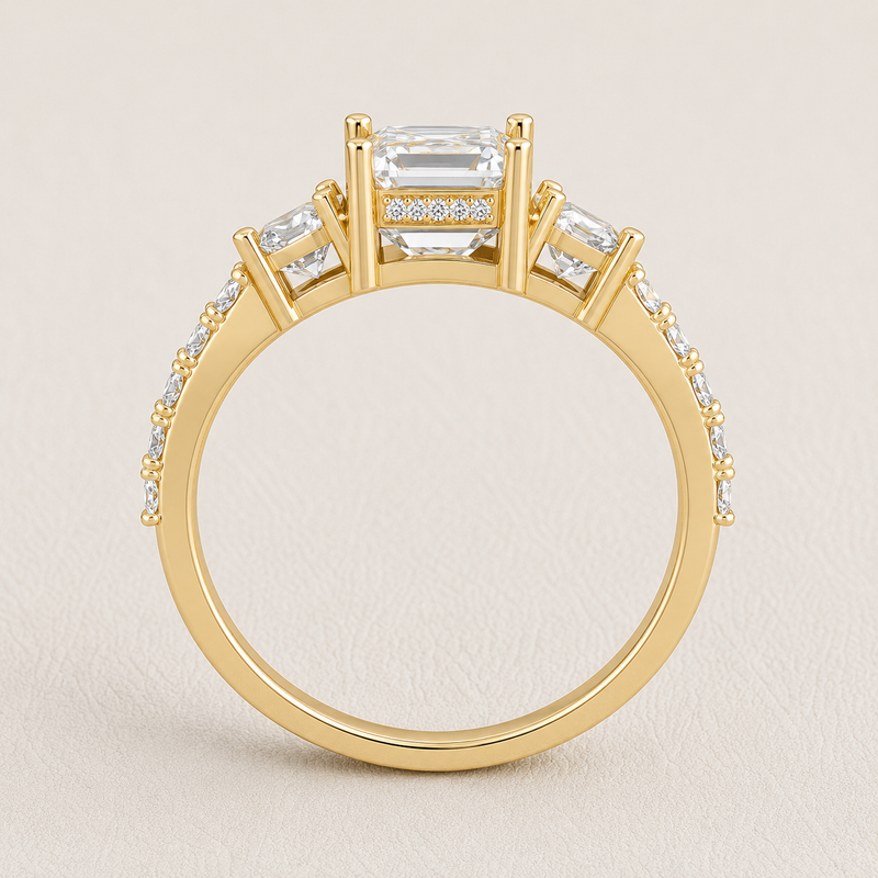 emerald cut lab grown diamond engagement ring in silver, three-quarter view