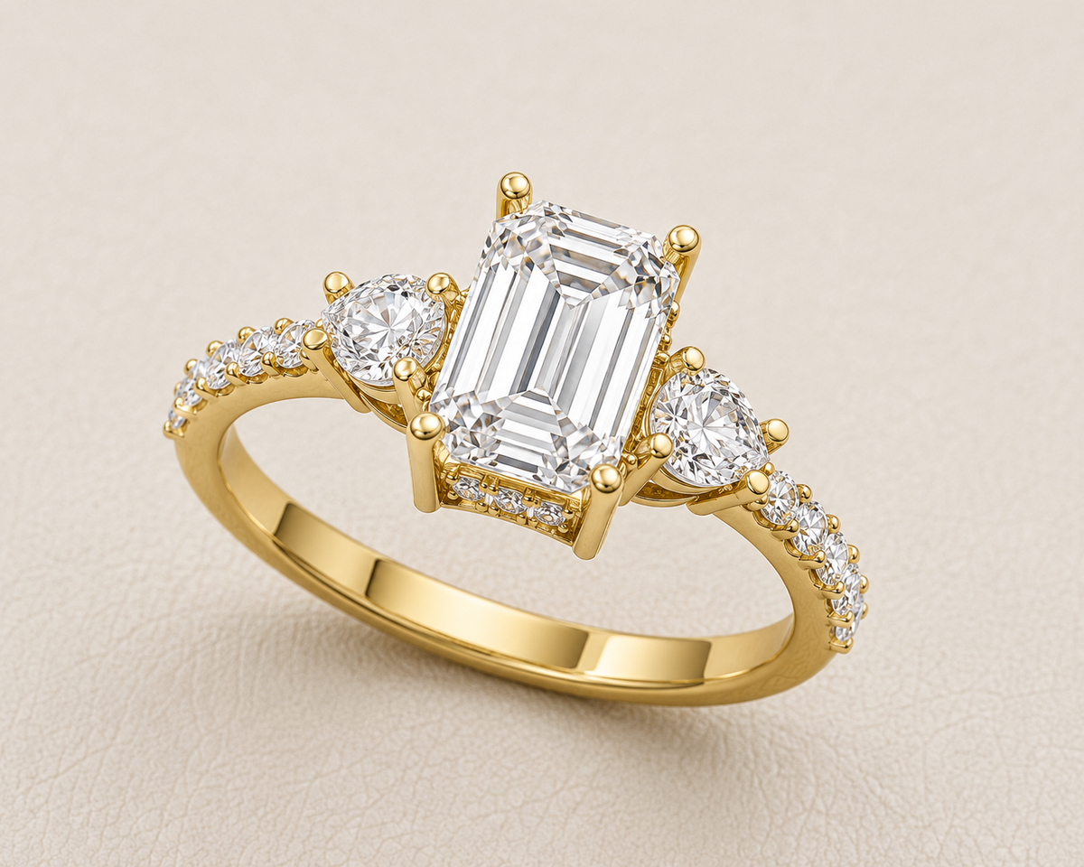 emerald cut lab grown diamond engagement ring in 10k gold, top view
