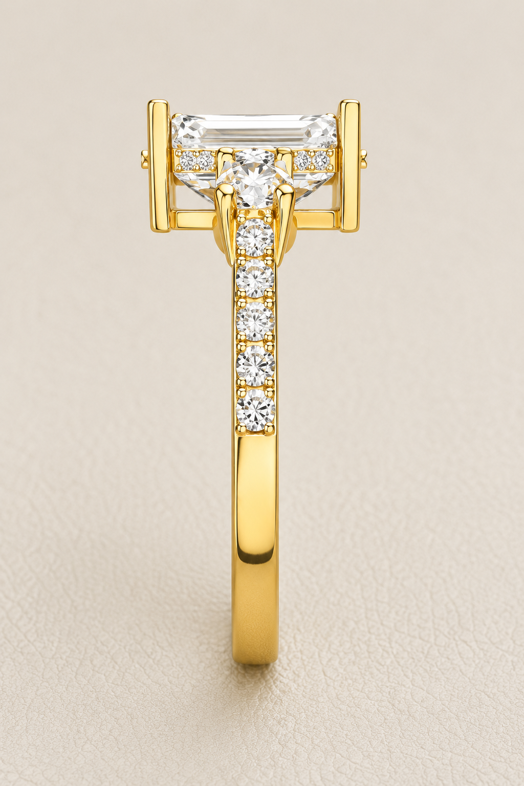 emerald cut lab grown diamond engagement ring in 18k gold, detail of the setting