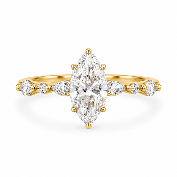 marquise lab grown diamond engagement ring in gold, three-quarter view
