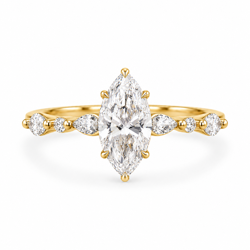 marquise lab grown diamond engagement ring in gold, three-quarter view