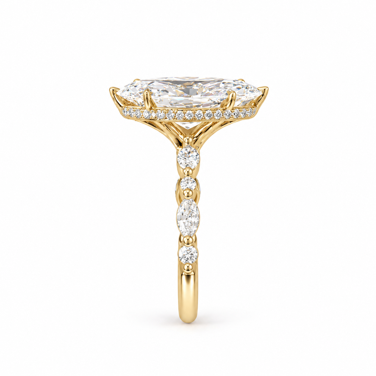 marquise lab grown diamond engagement ring in gold, top view