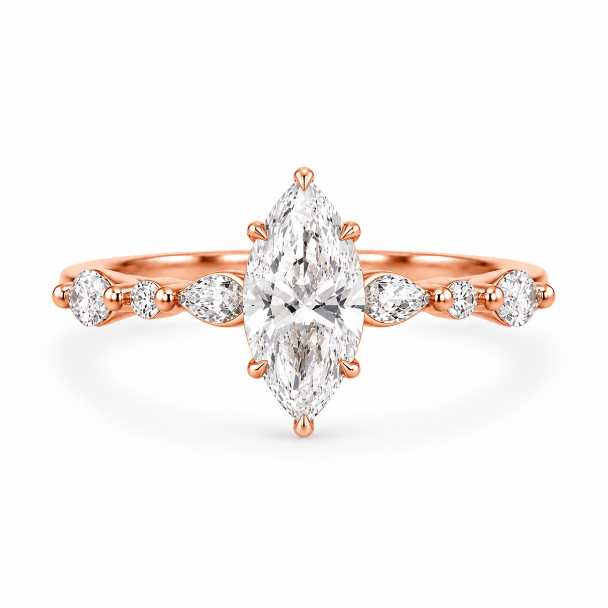 marquise lab grown diamond engagement ring in gold, side profile
