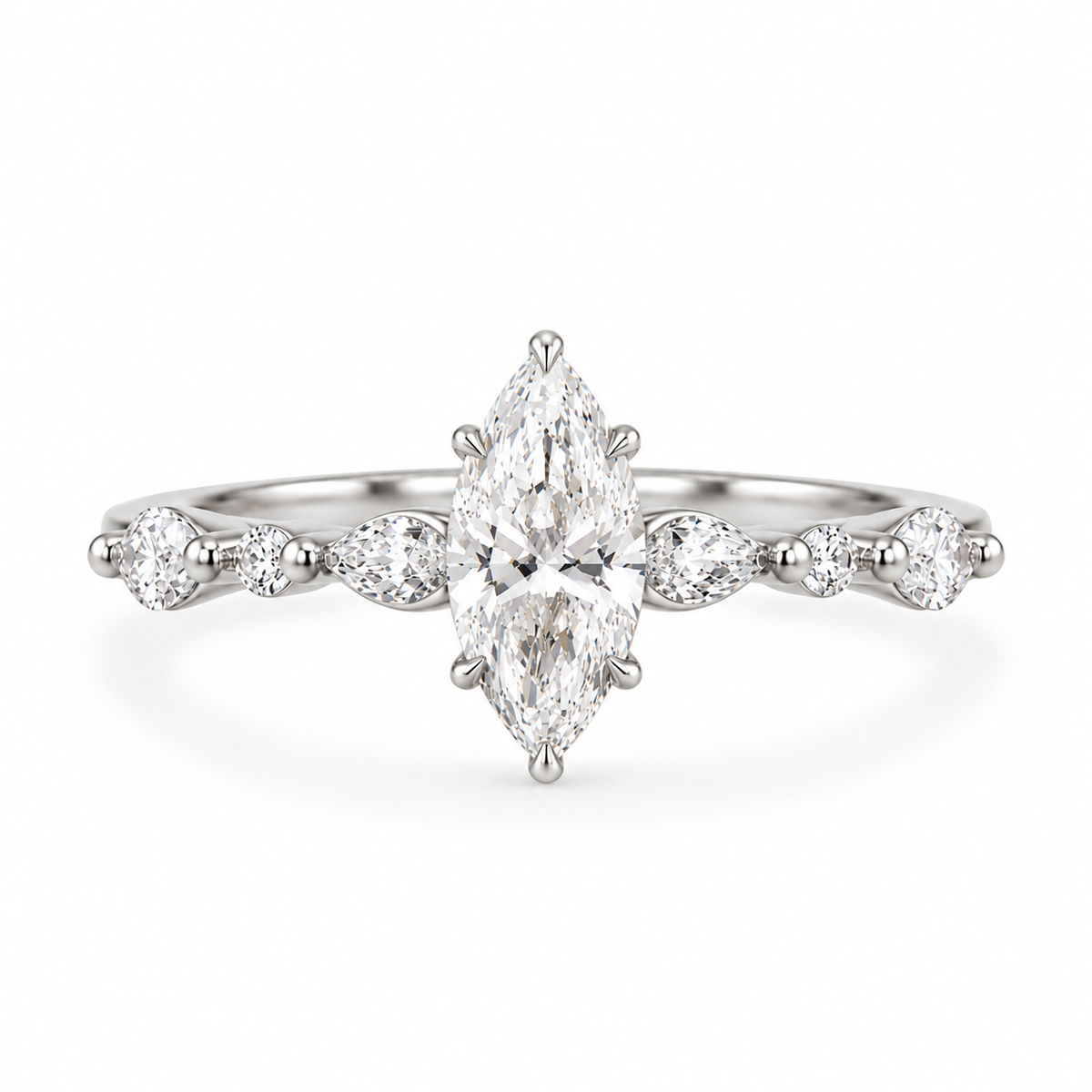 marquise lab grown diamond engagement ring in gold, detail of the setting