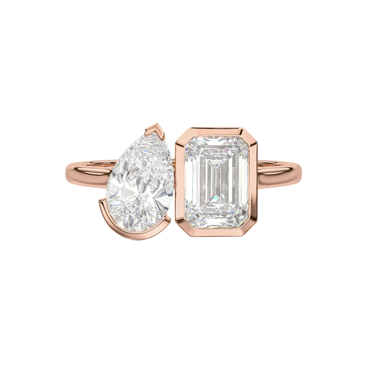 Pear And Emerald Bezel Set Toi et Moi Engagement Ring
