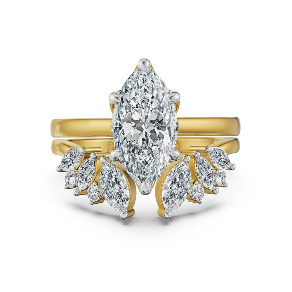 Marquise Crest Round Cut Lab Grown Diamond & Moissanite Bridal Ring Set