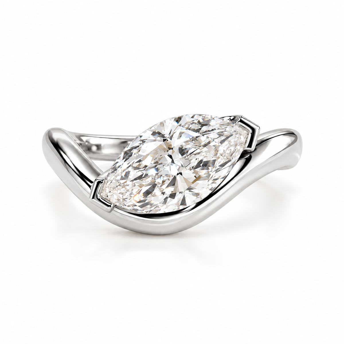 Marquise Cut Solitaire Engagement Ring, 2 Carat Diamond Wave Band Ring