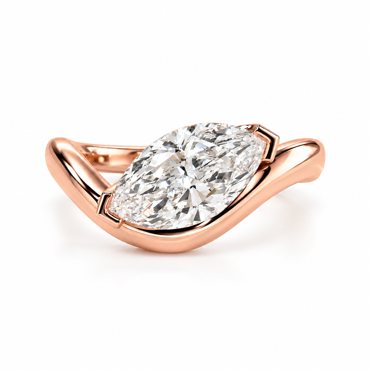 Marquise Cut Solitaire Engagement Ring, 2 Carat Diamond Wave Band Ring