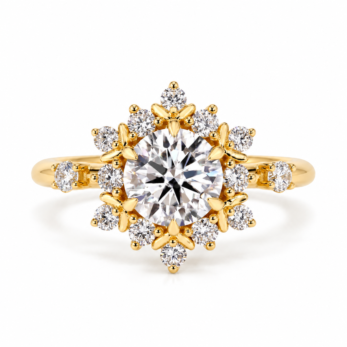 round lab grown diamond engagement ring in gold, three-quarter view