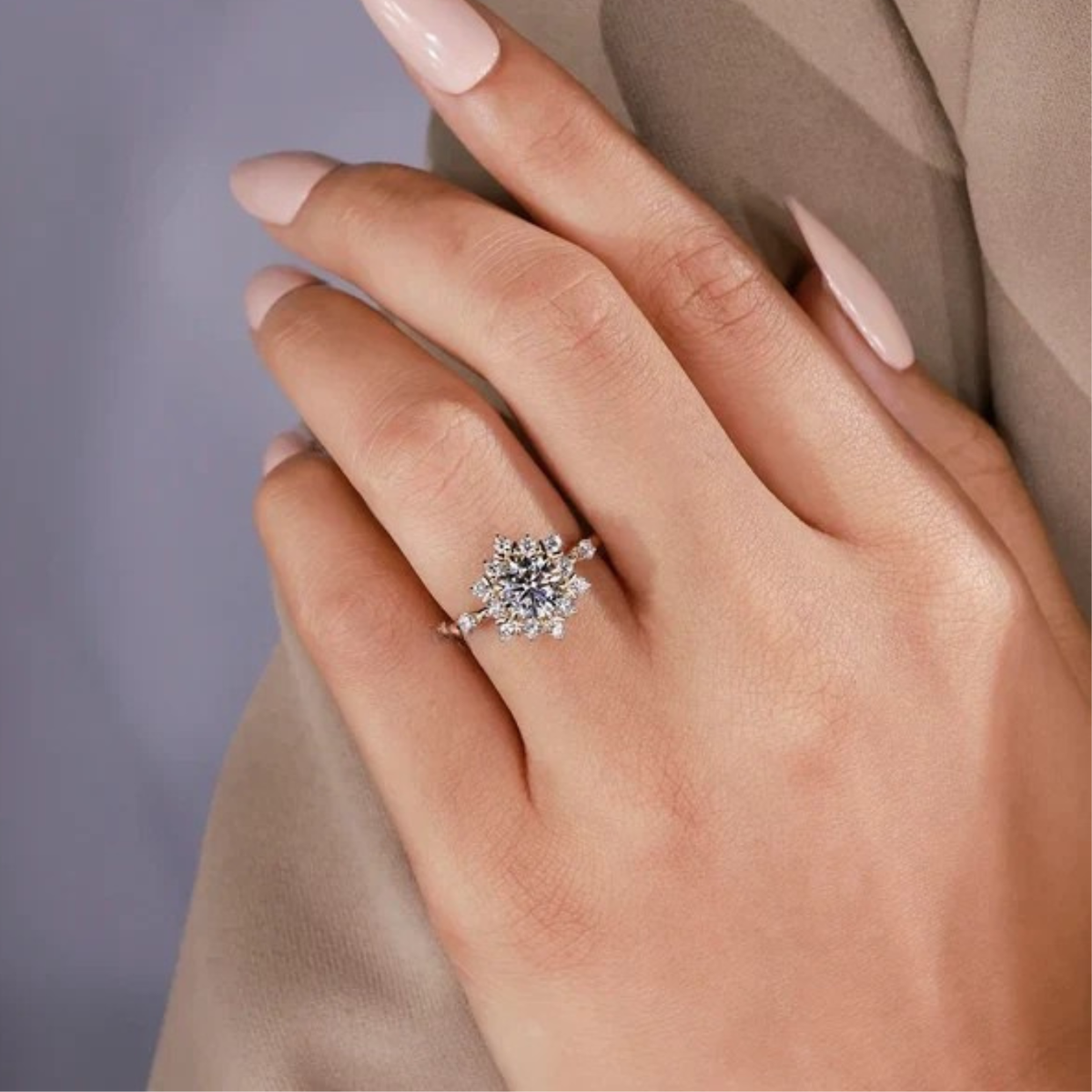 round lab grown diamond engagement ring in gold, on-hand