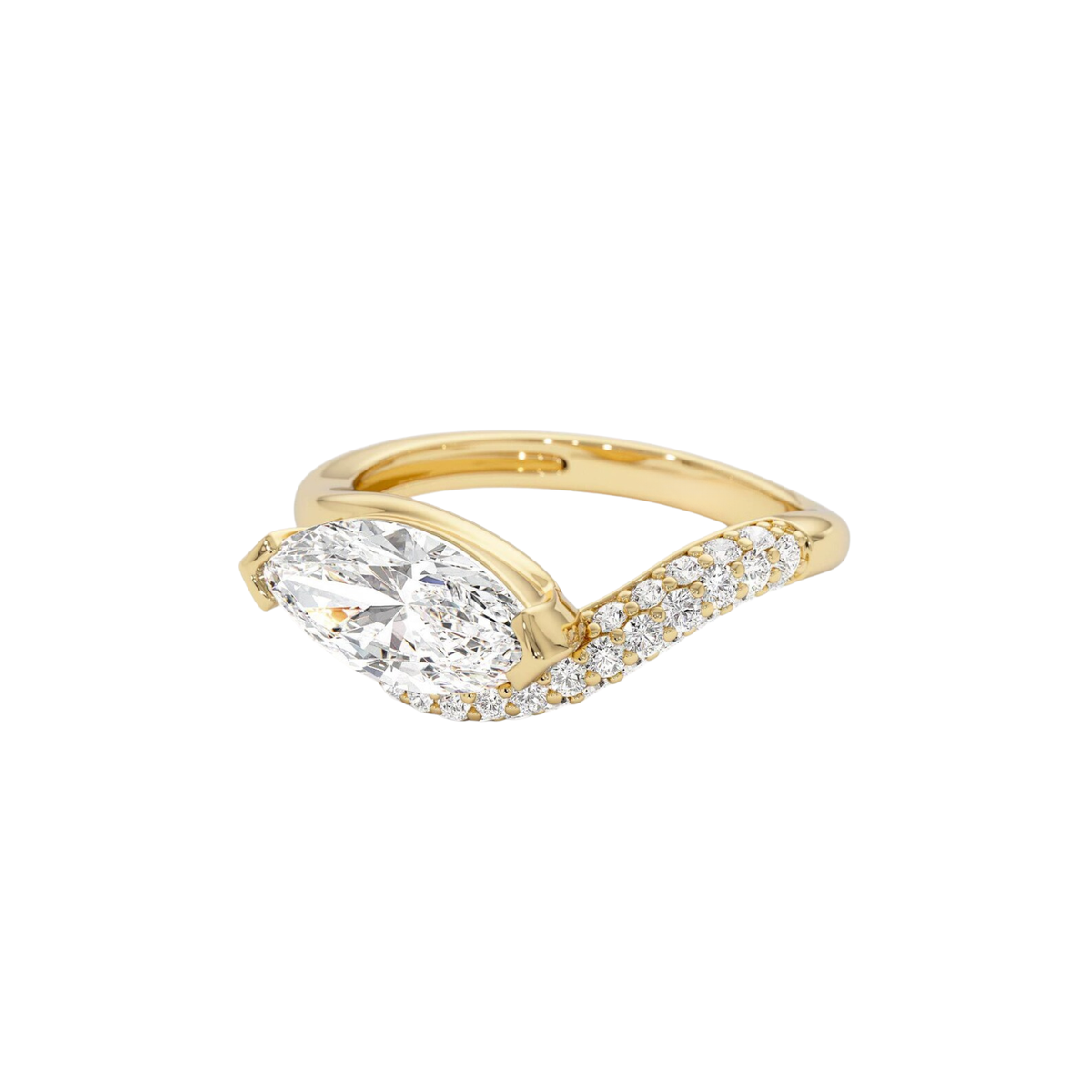 marquise lab grown diamond engagement ring in gold, three-quarter view