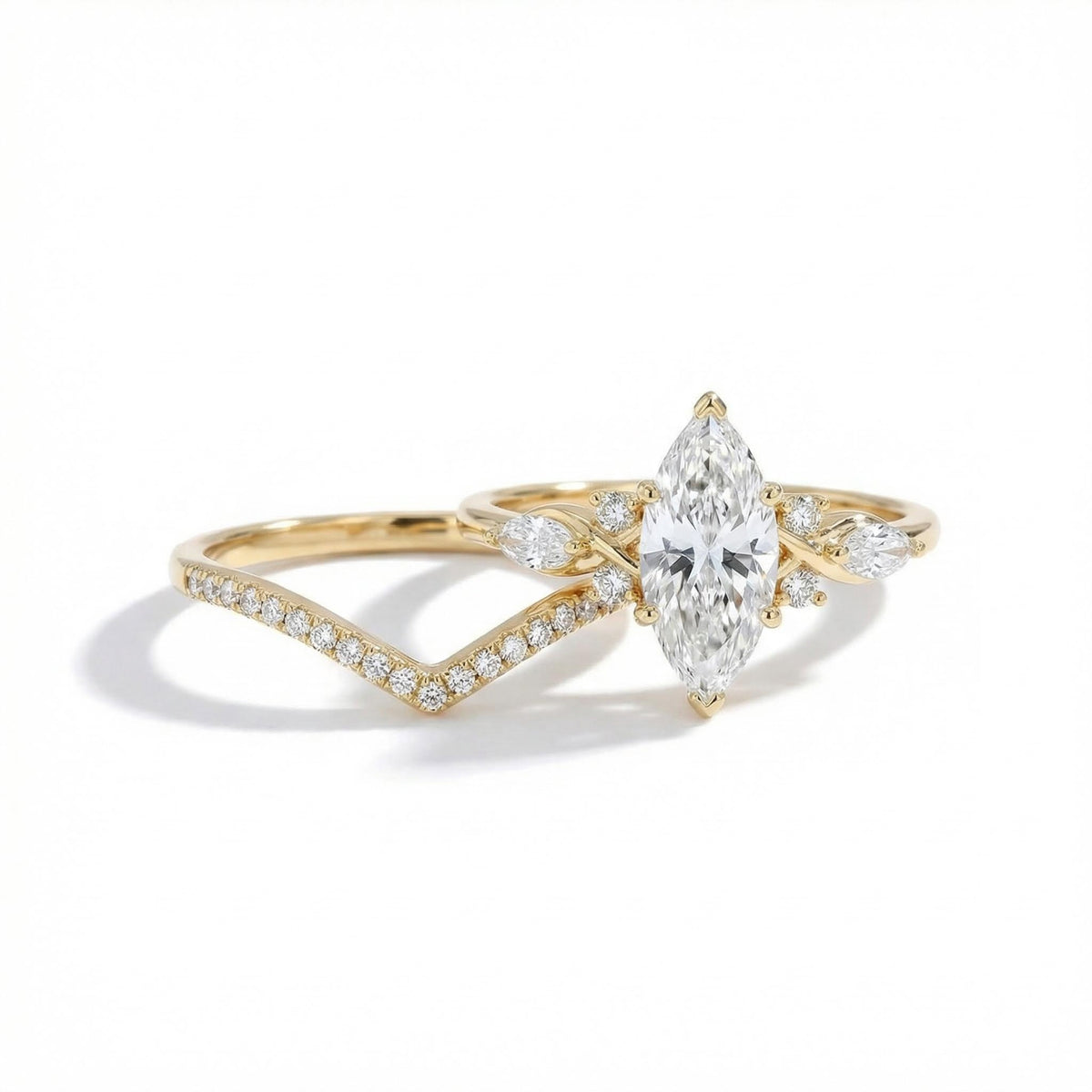 2ct Marquise Cut VVS Moissanite & Lab Grown Diamond Pave Engagement Ring Set