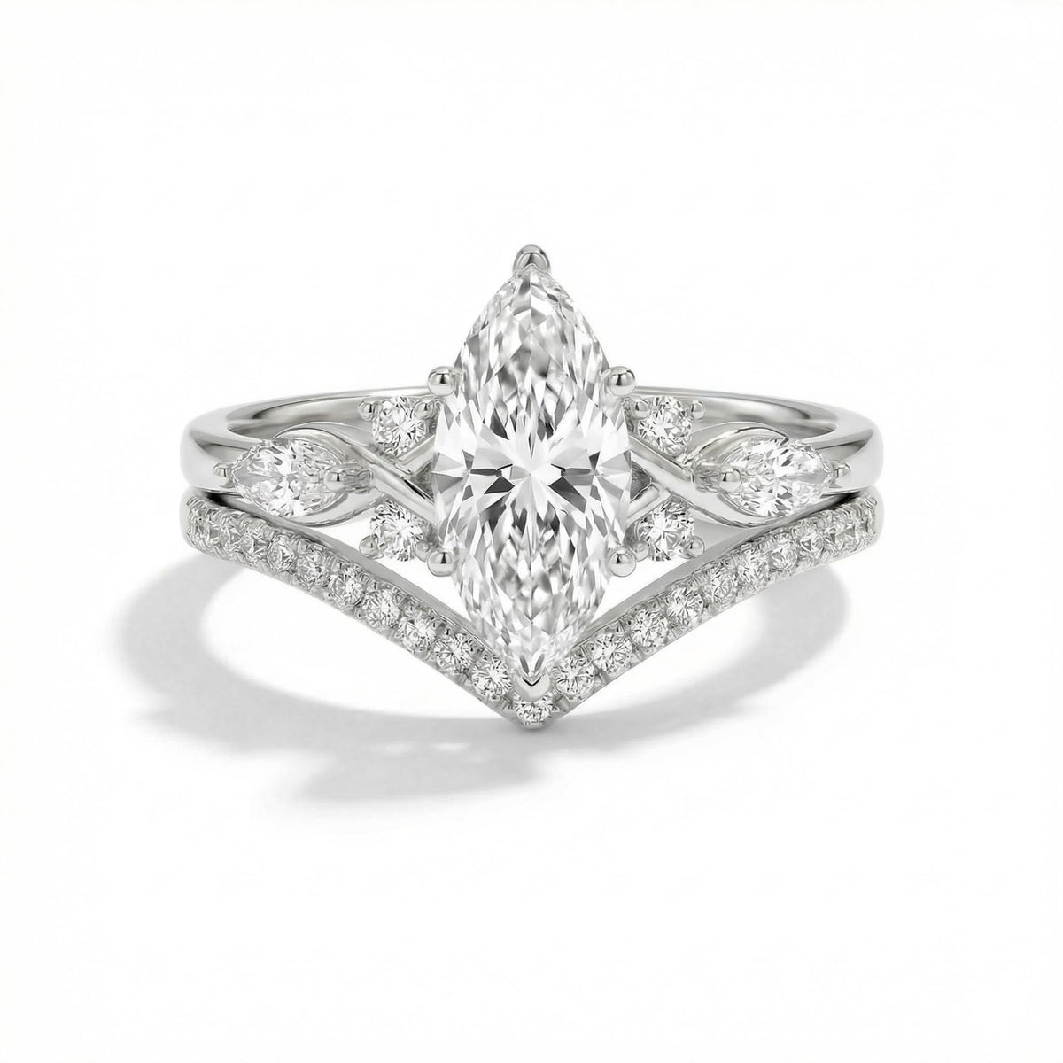 2ct Marquise Cut VVS Moissanite & Lab Grown Diamond Pave Engagement Ring Set