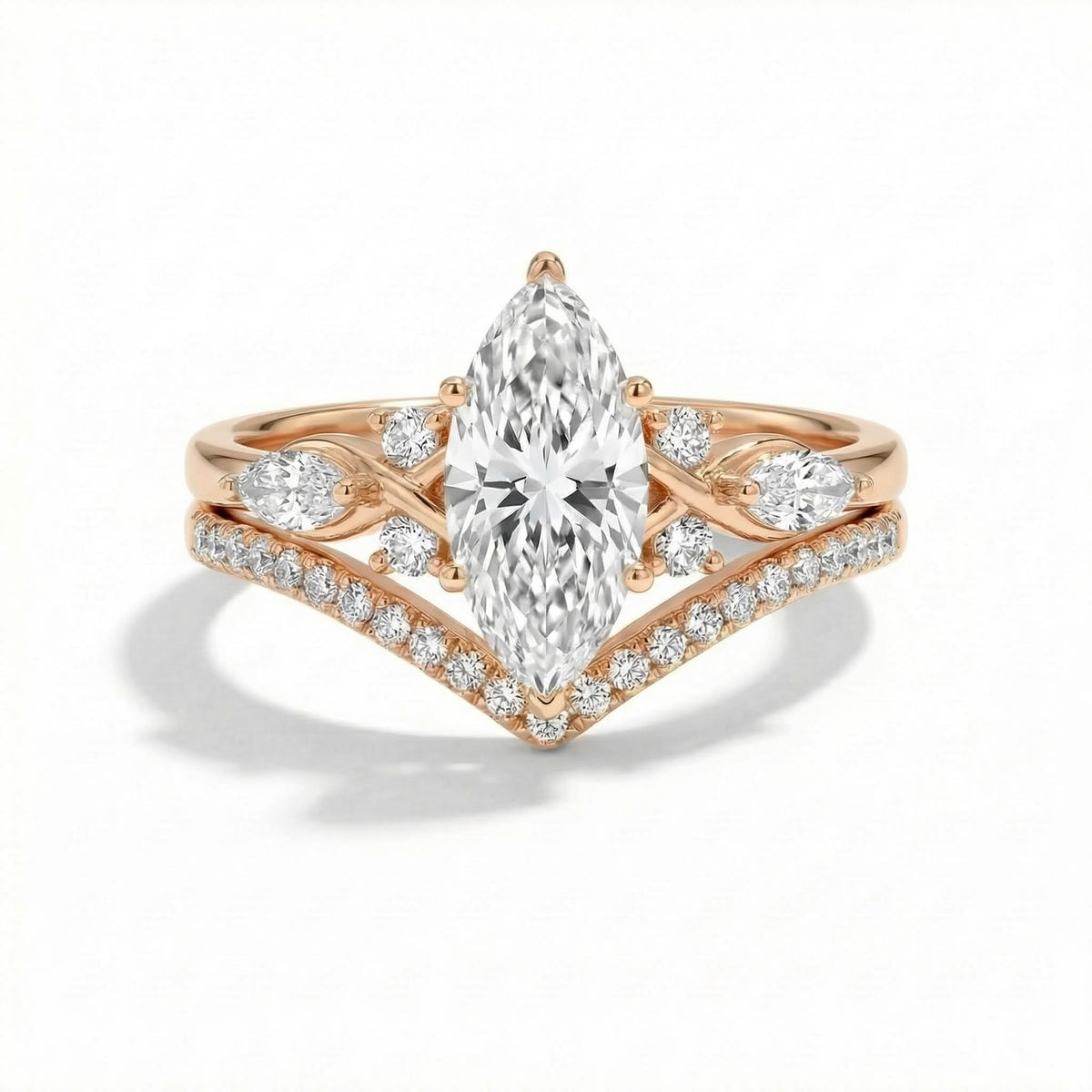 2ct Marquise Cut VVS Moissanite & Lab Grown Diamond Pave Engagement Ring Set