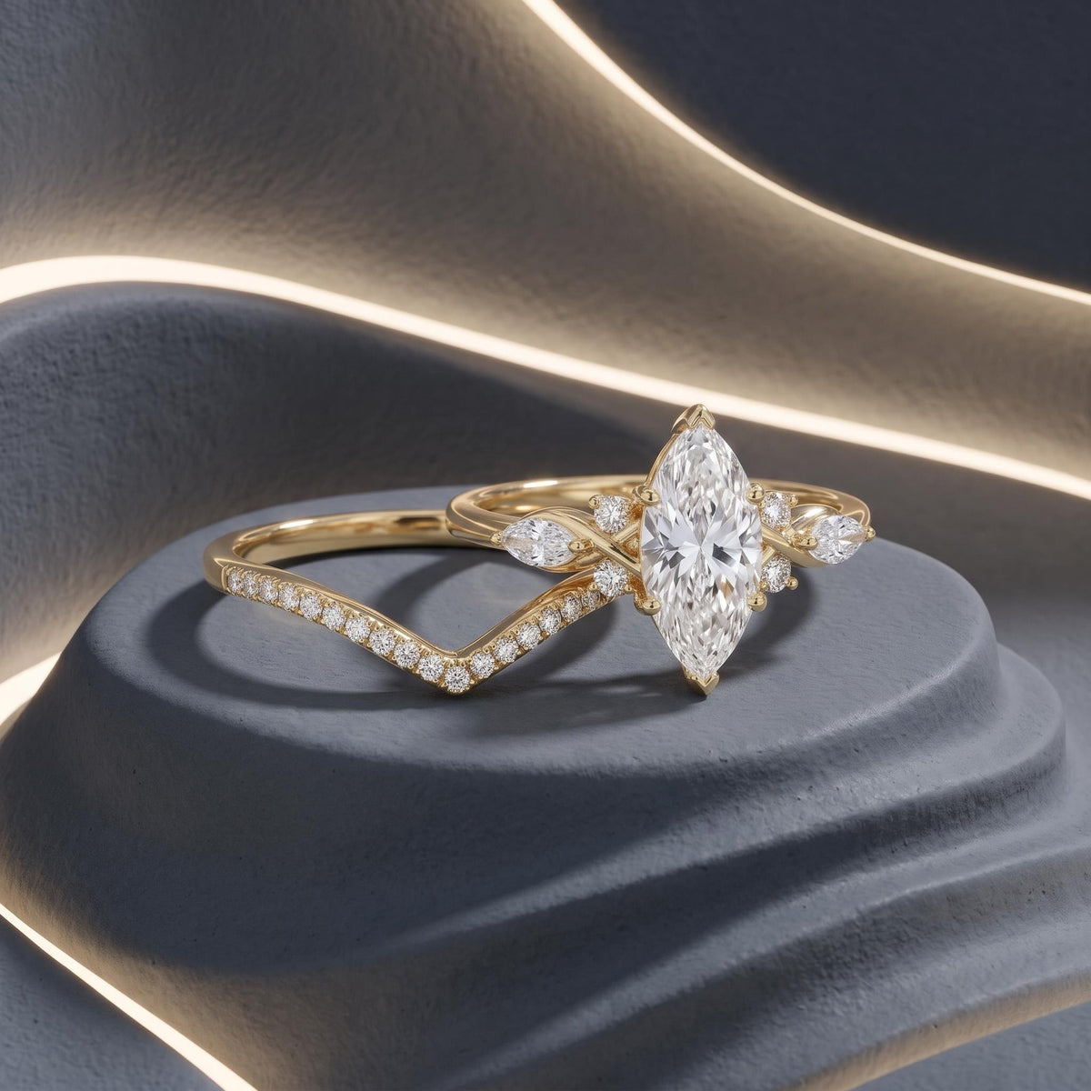 2ct Marquise Cut VVS Moissanite & Lab Grown Diamond Pave Engagement Ring Set